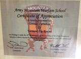 Certificate of appreciation awarded to aVermonter Enterprises by the Army Mountain Warfare School